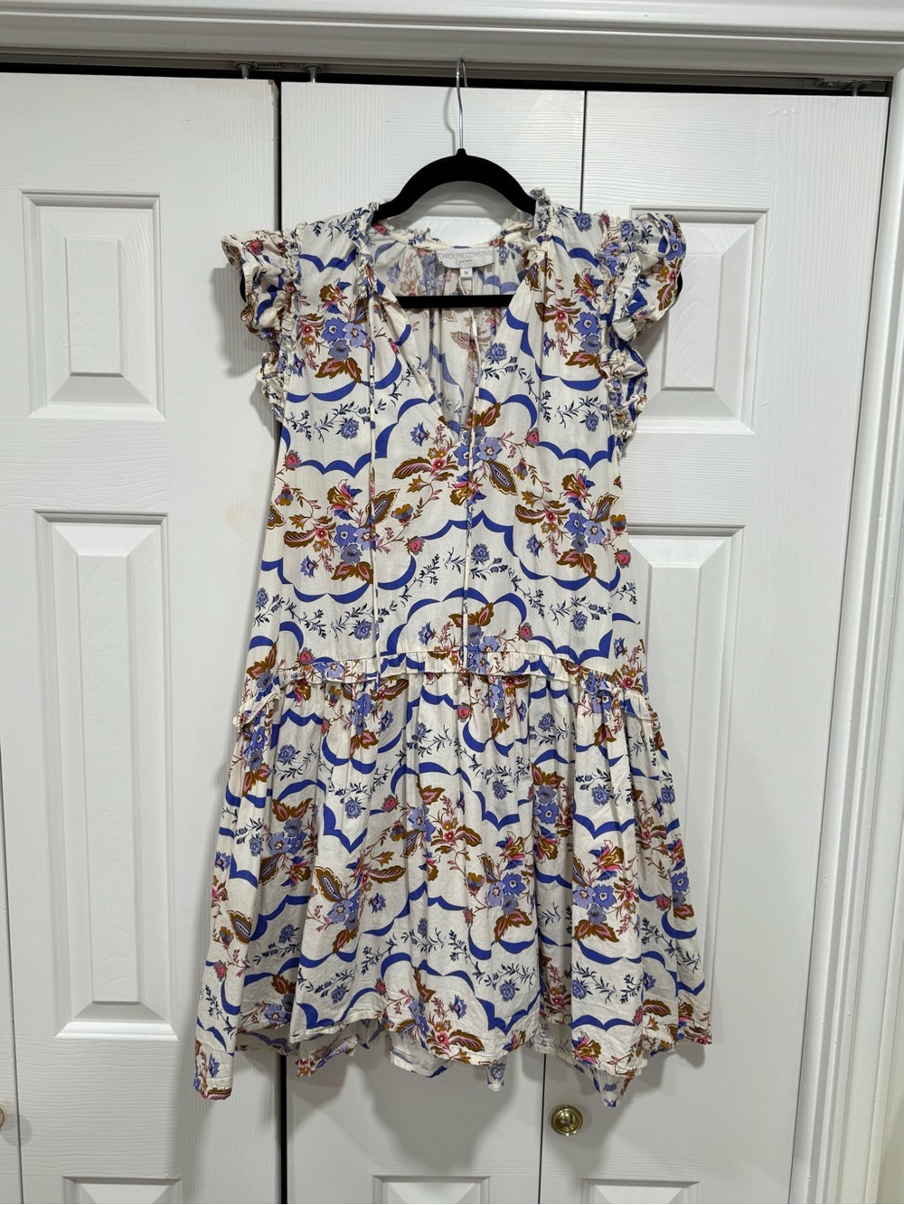 Caroline Constas White Floral Print Ruffle Sleeve Mini Dress